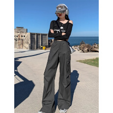 批发韩国<b class='q'>外贸</b> 秋季新款简约设计感灰色高腰直筒工装裤子女<b class='q'>大码</b>休闲裤