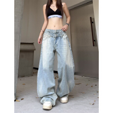 批发美式浅色阔腿牛仔裤女小个子2026<b class='q'>春</b>季新款高腰宽松直筒拖地裤