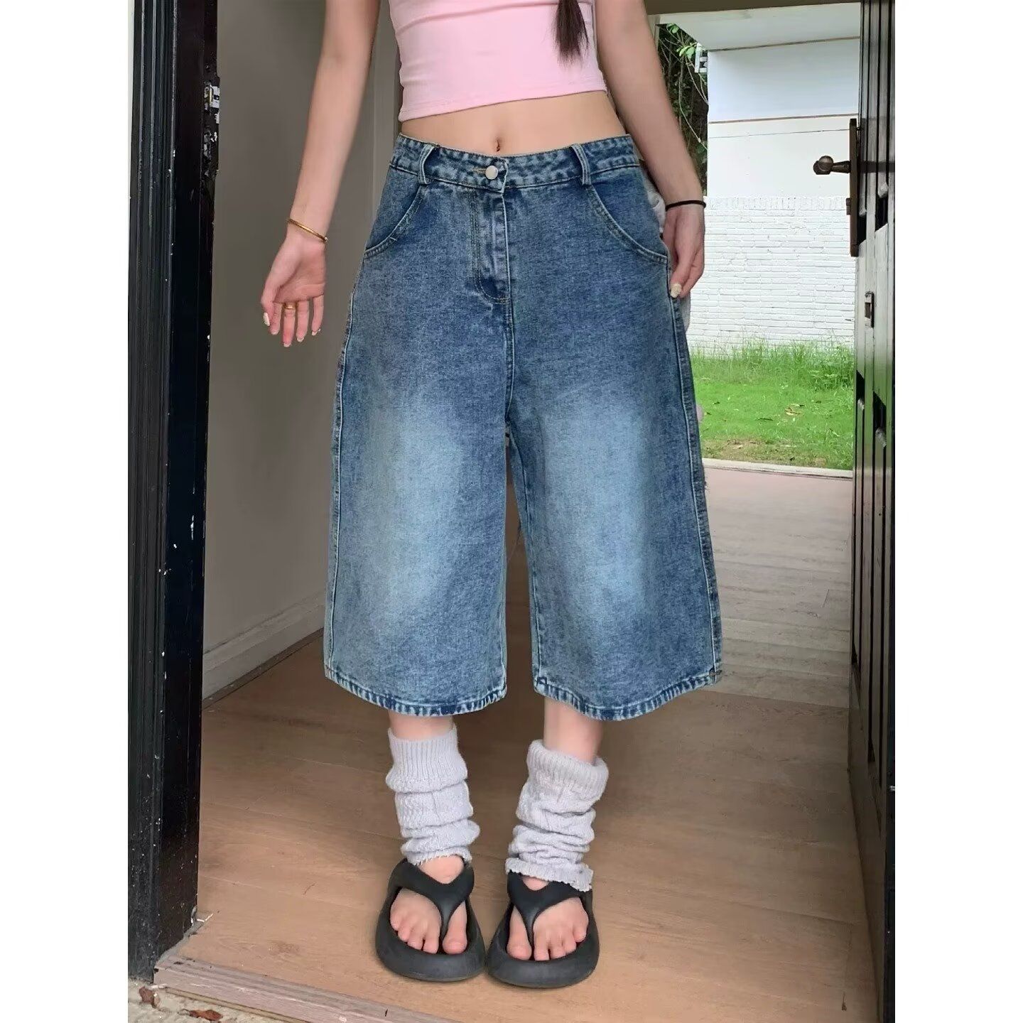 아메리칸 레트로 별 자수 데님 7부 바지 여름 새로운 바지 루즈핏 워싱 넓은 다리가 짧다. 바지