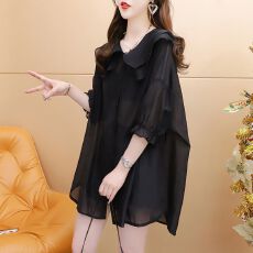 批发官图 100涤纶-原版面料质量金钻纱 薄款娃娃领夏季中长款防晒衬衫