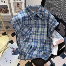 批发官图抖音天猫原版做法质量港风复古蓝色格子夏季大码<b class='q'>短袖</b><b class='q'>衬衫</b>新款