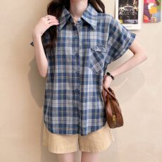 批发实拍 原版面料做法质量港风复古蓝色格子夏季大码<b class='q'>短袖</b><b class='q'>衬衫</b>新款