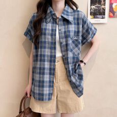 批发实拍 原版面料做法质量港风复古蓝色格子夏季大码<b class='q'>短袖</b><b class='q'>衬衫</b>新款