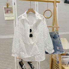 批发实拍提花独特超好看秋季新款大码外套慵懒风polo领衬衫外搭上衣女