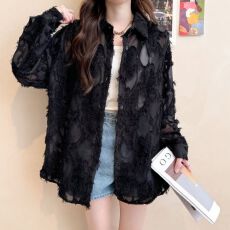 批发实拍提花独特超好看秋季新款大码外套慵懒风polo领衬衫外搭上衣女