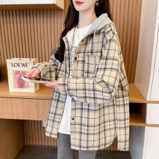 批发实拍原布格子抖音质量连帽格子薄款春季新款慵懒风<b class='q'>衬衫</b>中长款外套