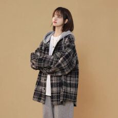 批发官图原布格子抖音质量薄款春季新款连帽格子慵懒风<b class='q'>衬衫</b>中长款外套