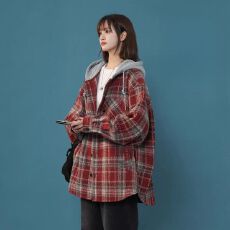 批发官图原布格子抖音质量连帽格子薄款春季新款<b class='q'>衬衫</b>中长款慵懒风外套