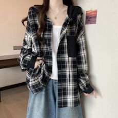 批发韩版原布格子后包领抖音质量连帽薄款秋季拼接复古<b class='q'>衬衫</b>中长款外套