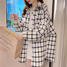 批发官图原布面料粗呢韩范千鸟格子早春宽松中长款加厚长袖<b class='q'>衬衫</b>外套女