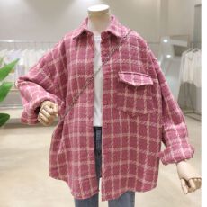 批发官图原布面料粗呢韩范千鸟格子早春宽松中长款加厚长袖<b class='q'>衬衫</b>外套女