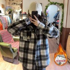 批发原布格子呢子复真超加绒 后包领刺绣开衫撞色连帽中长款外套