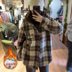 批发官图 原布格子呢子复真超加绒 后包领刺绣开衫撞色连帽中长款外套