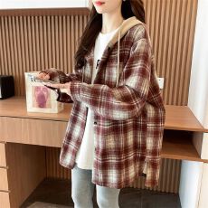 批发实拍原布格子2025秋季款后包领抖音质量连帽薄款衬衫中长款<b class='q'>外套</b>女