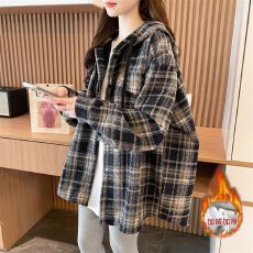 批发实拍-后包领-原布格子复真超加绒抖音质量连帽<b class='q'>格子衬衫</b>中长款外套