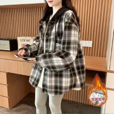 批发<b class='q'>实拍</b>原布格子呢子复真超加绒 后包领刺绣开衫撞色连帽中长款外套