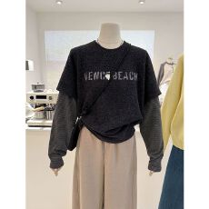 批发官图-原版面料220克纯棉宽松长袖T恤<b class='q'>女</b>早秋<b class='q'>大码</b>显瘦假两件内搭