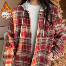 批发实拍-原布格子复真超秋冬加绒后包领格子拼接连帽<b class='q'>衬衫</b>中长款外套