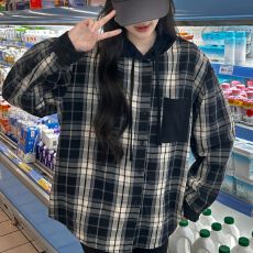 批发实拍原布格子后包领抖音质量连帽薄款春秋拼接复古<b class='q'>衬衫</b>中长款外套