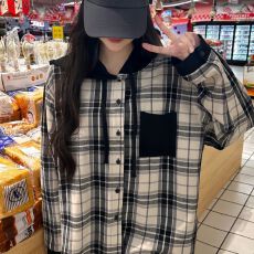 实拍原布格子后包领抖音质量连帽薄款春秋拼接复古衬衫中长款外套