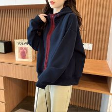 实拍-纯棉华棉复合薄款高级感韩系撞色刺绣连帽卫衣拉链开衫上衣