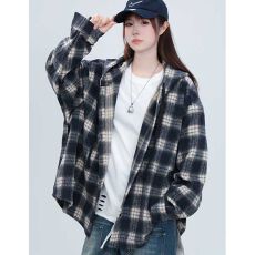 批发官图-100涤纶港味磨毛格子连帽<b class='q'>衬衫</b>外套女春秋2026新宽松开衬上衣