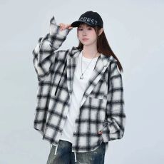 批发官图-100涤纶港味磨毛格子连帽<b class='q'>衬衫</b>外套女春秋2026新宽松开衬上衣