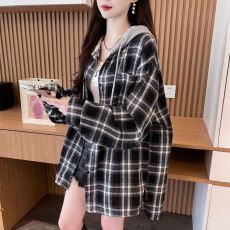 批发实拍 后包领抖音质量连帽磨毛格子慵懒风衬衫中长款薄款外套上衣