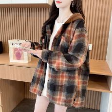 批发实拍原布格子2026春季款后包领抖音质量连帽薄款衬衫中长款外套女