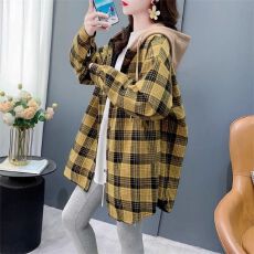 批发官图原布格子2026新款春季新款抖音质量连帽薄款衬衫中长款外套女