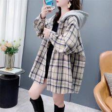 批发实拍原布格子抖音质量连帽格子慵懒风薄款春秋新款<b class='q'>衬衫</b>中长款外套