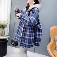 批发实拍原布格子抖音质量连帽格子慵懒风薄款春秋新款<b class='q'>衬衫</b>中长款外套
