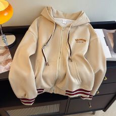 实拍纯棉华棉复牛奶丝薄款+内抽/后包领/刺绣连帽拉链卫衣外套