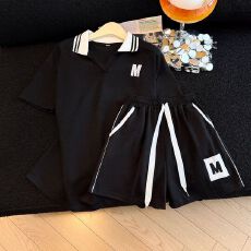 批发实拍 250克精棉抖音质量/后包领宽松洋气撞色运动服夏季两件套