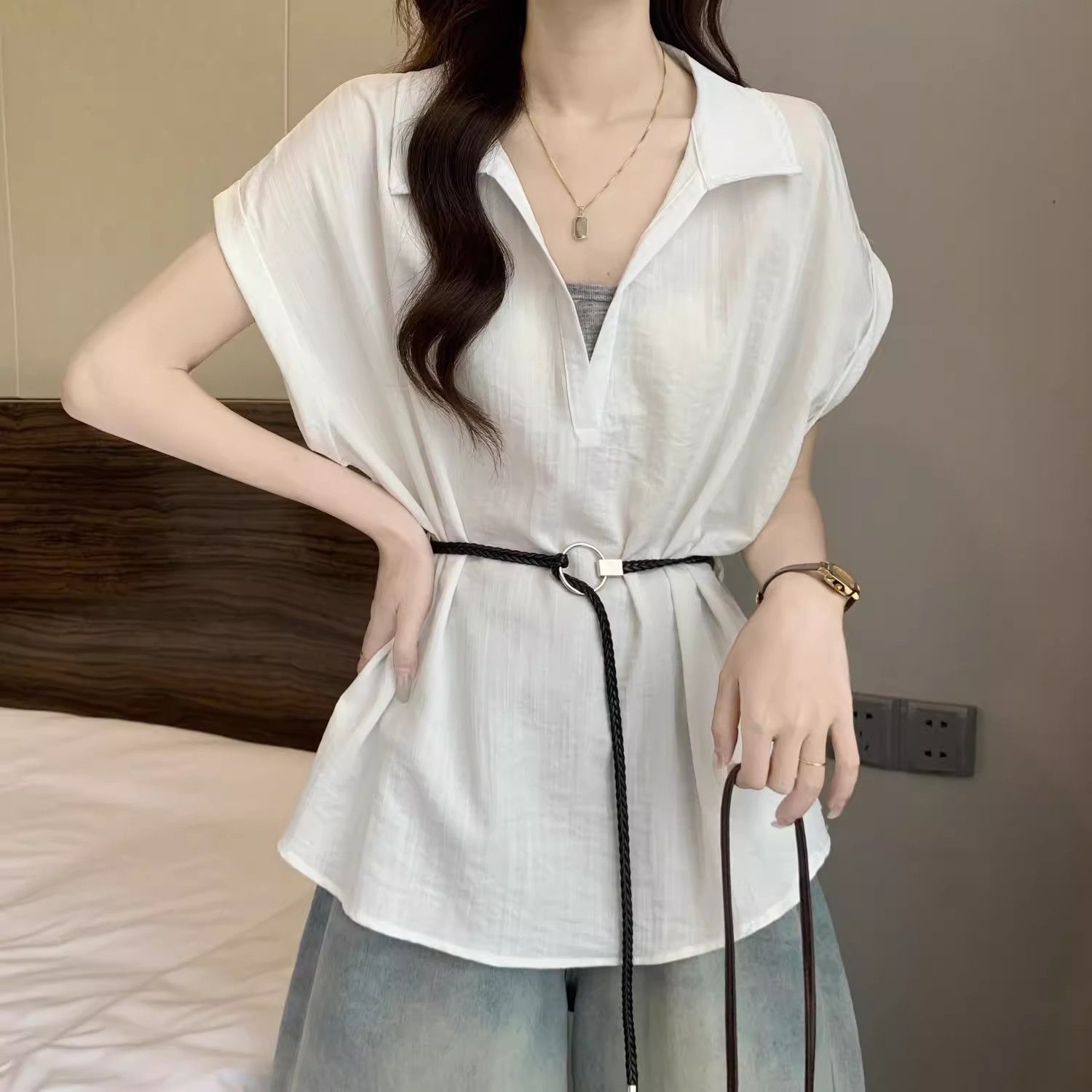 원본 품질 벨트 포함 페이크 레이어드 숨기기 V넥 반팔 셔츠 여름 빅 사이즈 슬림해 보이는 슈퍼 잘 생긴 맨위