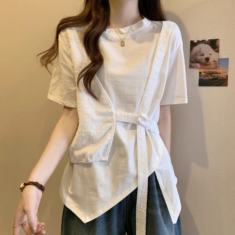 경관 그림 원본 솜씨 여름 디자인 센스 허리 수축 불규칙 느긋한 바람 반팔 페이크 레이어드 티셔츠 맨위 여성