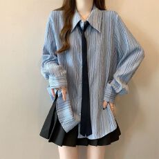 批发官图-原版面料配领带春秋新款肌理感<b class='q'>条纹</b>中长款翻领长袖衬衫上衣