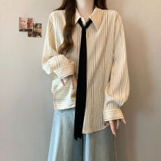 批发官图-原版面料配领带春秋新款肌理感<b class='q'>条纹</b>中长款翻领长袖衬衫上衣