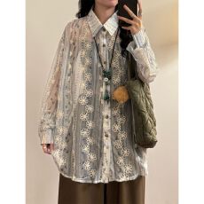 批发官图-原版面料夏季日系复古潮牌文艺休闲花朵刺绣长袖衬衫女上衣