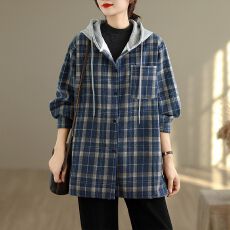 批发官图原布格子抖音质量连帽格子慵懒风薄款春秋新款<b class='q'>衬衫</b>中长款外套