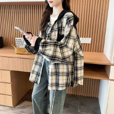 批发实拍原布格子后包领抖音质量连帽薄款秋季拼接复古<b class='q'>衬衫</b>中长款外套