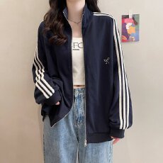 批发实拍-原版<b class='q'>纯棉</b>面料翻领刺绣卫衣外套秋季三条杠宽松拉链<b class='q'>开衫</b>上衣