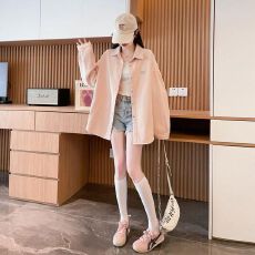 官图-牛仔面料韩版衬衫polo领外套春秋新款休闲糖果色长袖衬衣女