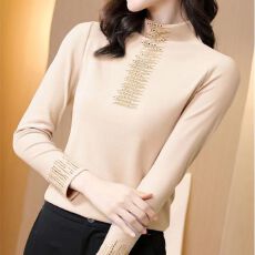 批发<b class='q'>中老年</b>长袖打底衫双面德绒有氨镶砖烫珠上衣修身显瘦加厚保暖衣