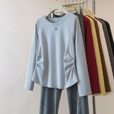 批发2025圆领长袖大码T恤女秋季显瘦设计感褶皱百搭上衣显瘦叠穿内搭