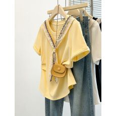 2026夏装新款200斤胖mm大码女时尚减龄蕾丝披肩正肩短袖T恤百搭