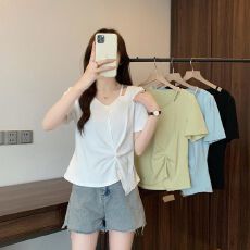 批发2026夏装新款胖mm大码<b class='q'>不规则</b>正肩简约短袖T恤设计感镂