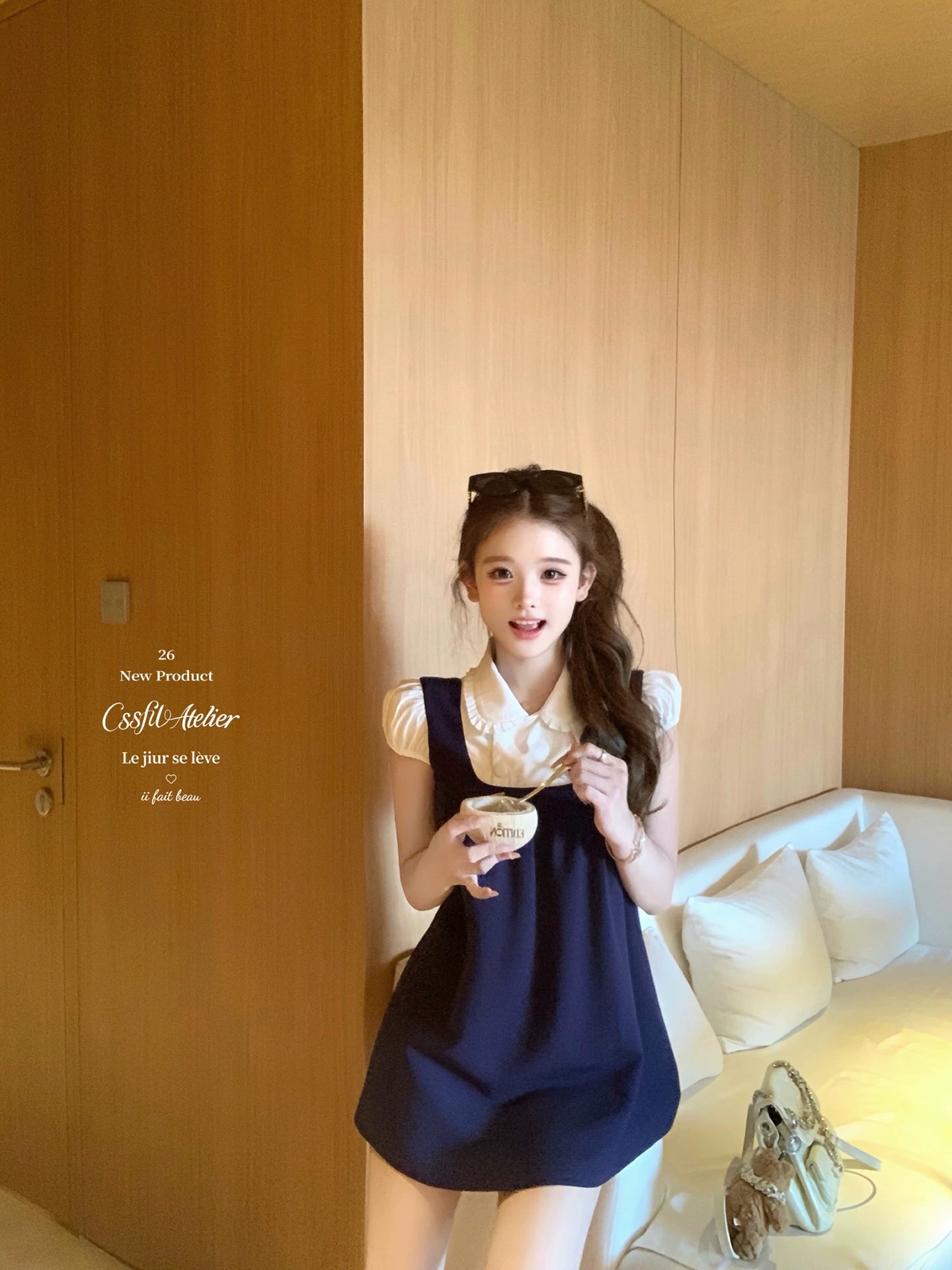 늦게 우산 우산 26 ss 슈퍼 신생 아이돌 배색 피터 팬 칼라 이중 버튼 셔츠 페이크 레이어드 점프 슈트 미니 스커트