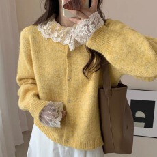 批发2025秋冬韩系甜美减龄娃娃领<b class='q'>蕾丝</b>拼接针织毛衣开衫女设计感小众潮