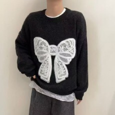 批发2025秋冬欧货<b class='q'>刺绣</b><b class='q'>蕾丝</b>蝴蝶结宽松大板长袖女休闲毛衣上衣针织衫